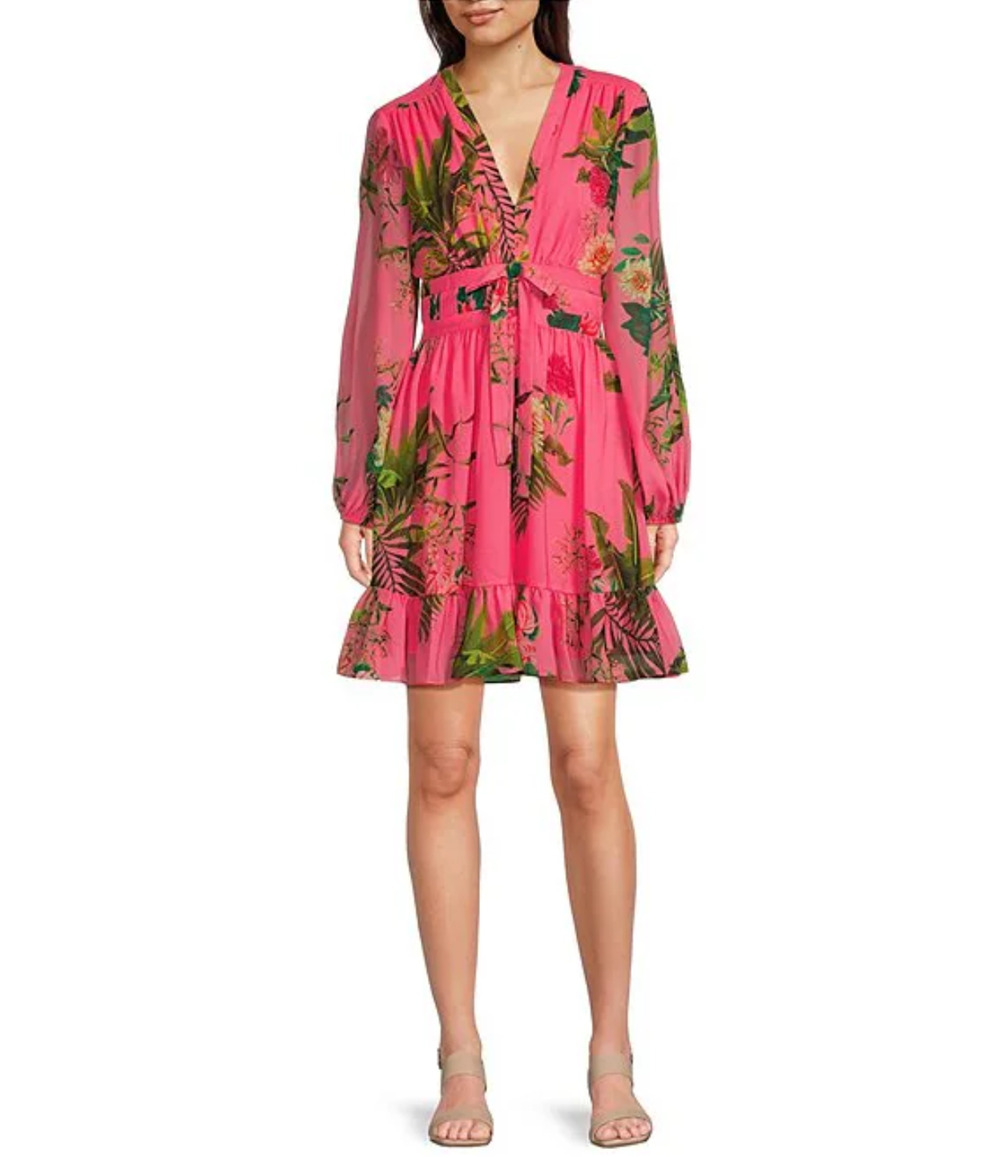 Alex Marie Shannon Tropical Floral Print Chiffon Bow Waist Ruffle Hem Dress Sz 4
